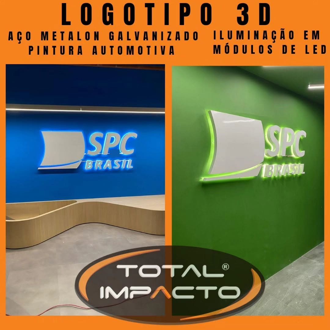 Logotipo 3D iluminado instalado pela Total Impacto
